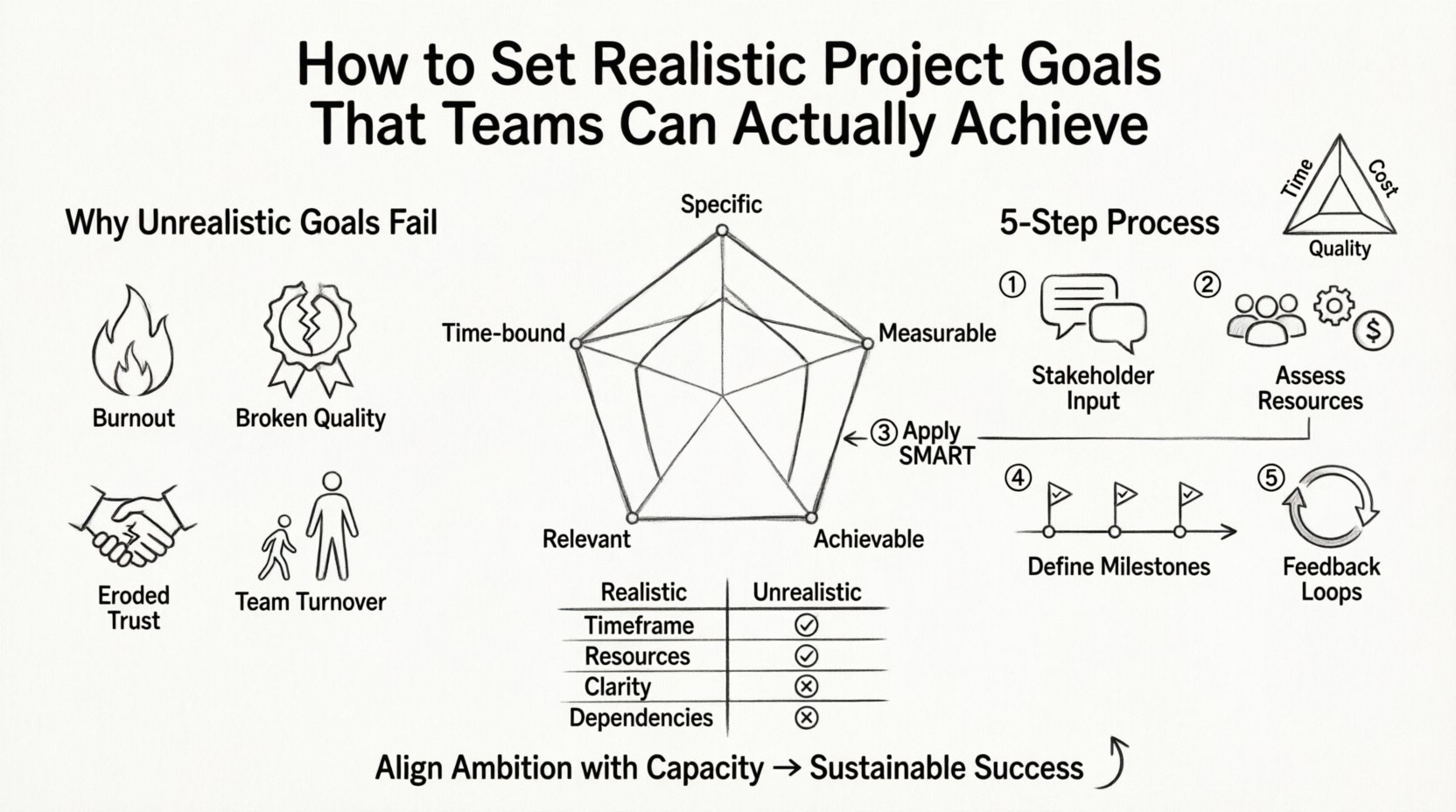 Line art infographic illustrating how to set realistic project goals using the SMART framework, covering stakeholder input, resource assessment, milestone planning, and feedback loops to prevent team burnout and ensure project success