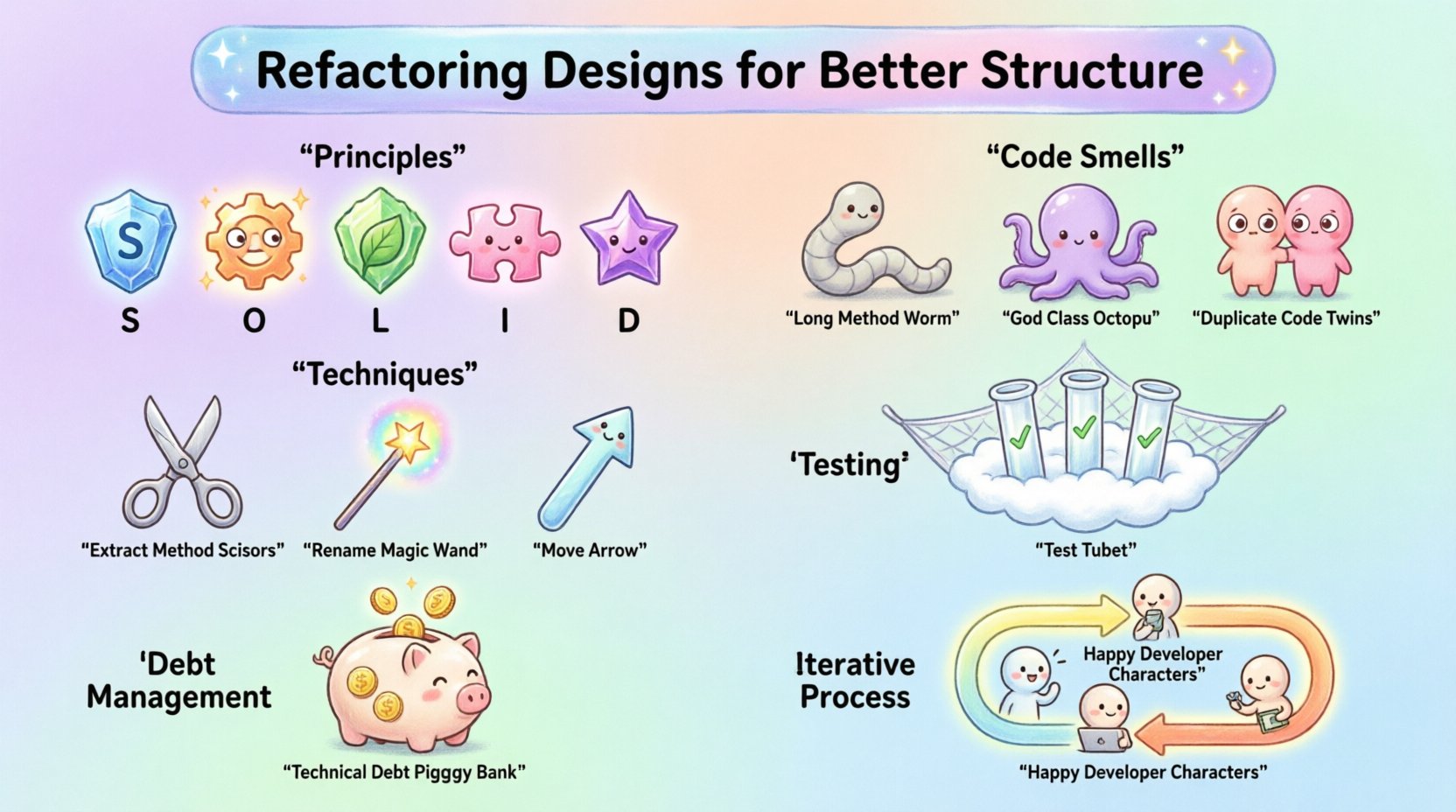 Kawaii-style infographic summarizing software refactoring principles: SOLID principles, code smells identification, refactoring techniques, testing strategies, and technical debt management for better object-oriented design structure
