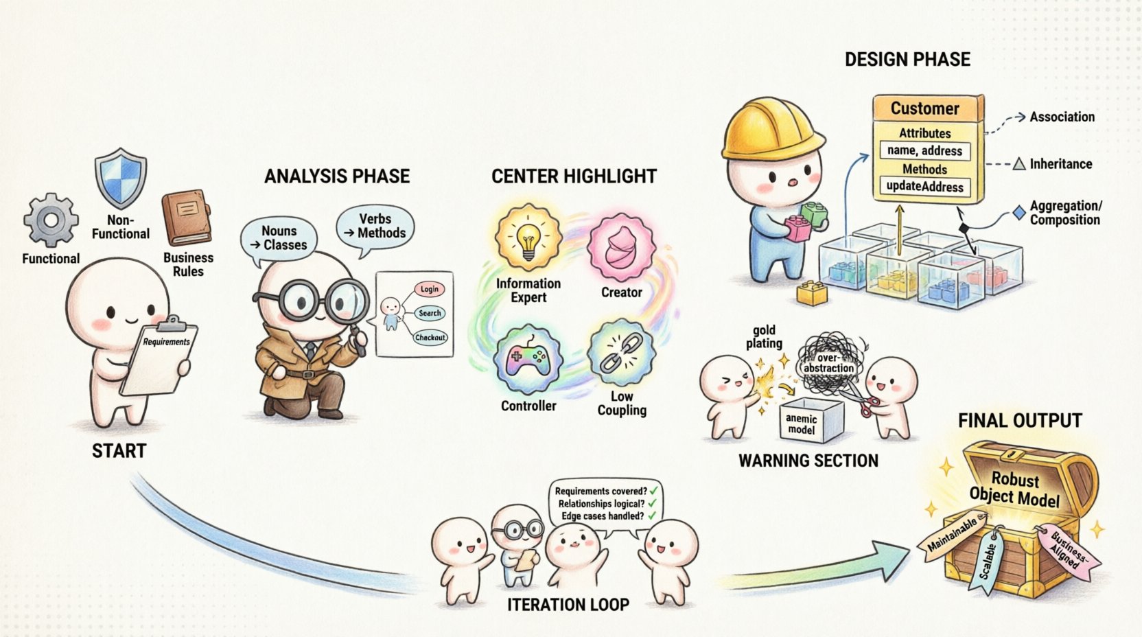 Chibi-style infographic illustrating the Object-Oriented Analysis and Design process: from gathering functional, non-functional, and business rule requirements, through domain analysis using nouns/verbs and use case modeling, to designing class diagrams with attributes, methods, and relationships (association, inheritance, aggregation, composition), applying GRASP principles, avoiding common pitfalls like gold-plating and anemic models, and iterating through validation to deliver a maintainable, scalable object model aligned with business goals