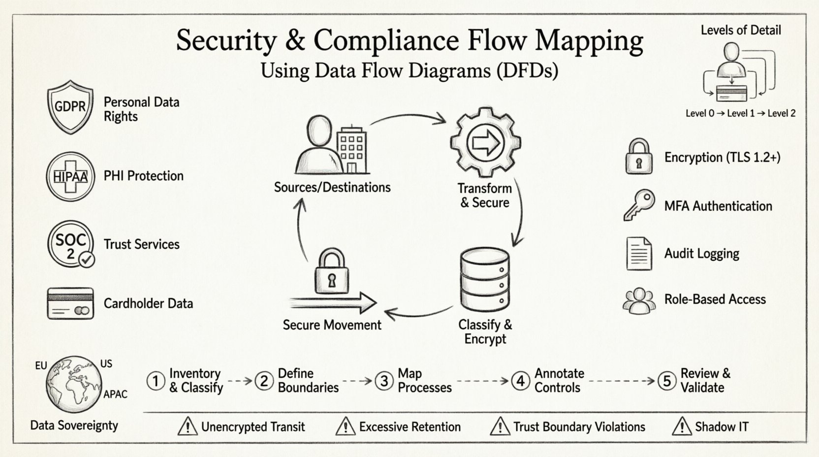 Line art infographic illustrating security and compliance flow mapping with Data Flow Diagrams (DFDs), showing core components (external entities, processes, data stores, data flows), regulatory frameworks (GDPR, HIPAA, SOC 2, PCI-DSS), security controls annotation guide, 5-step implementation process, common risk indicators, and data sovereignty considerations for enterprise security architecture