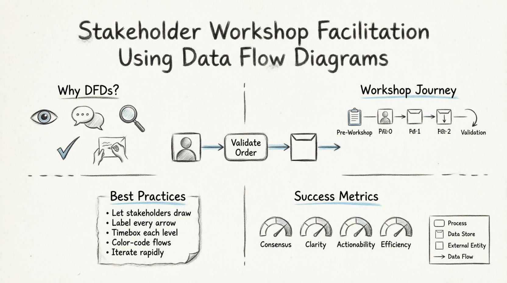 Sketch-style infographic illustrating stakeholder workshop facilitation using Data Flow Diagrams (DFDs), showing the end-to-end process from pre-workshop preparation through Level 0-2 diagram decomposition, key benefits like visual clarity and gap identification, best practices for collaborative modeling, and success metrics for requirements gathering