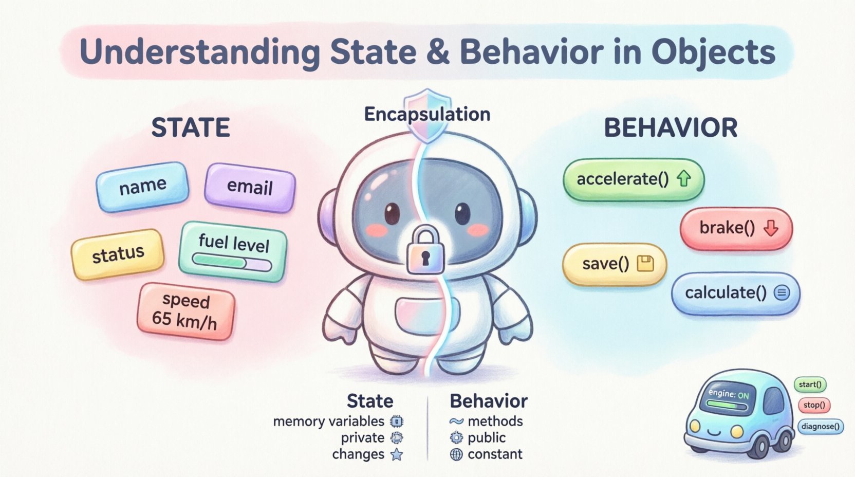 Chibi-style infographic illustrating object-oriented design concepts: a cute robot object showing state (attributes like name, status, fuel level) on the left and behavior (methods like accelerate, save) on the right, with encapsulation shield, vehicle example, and key principles for software architecture