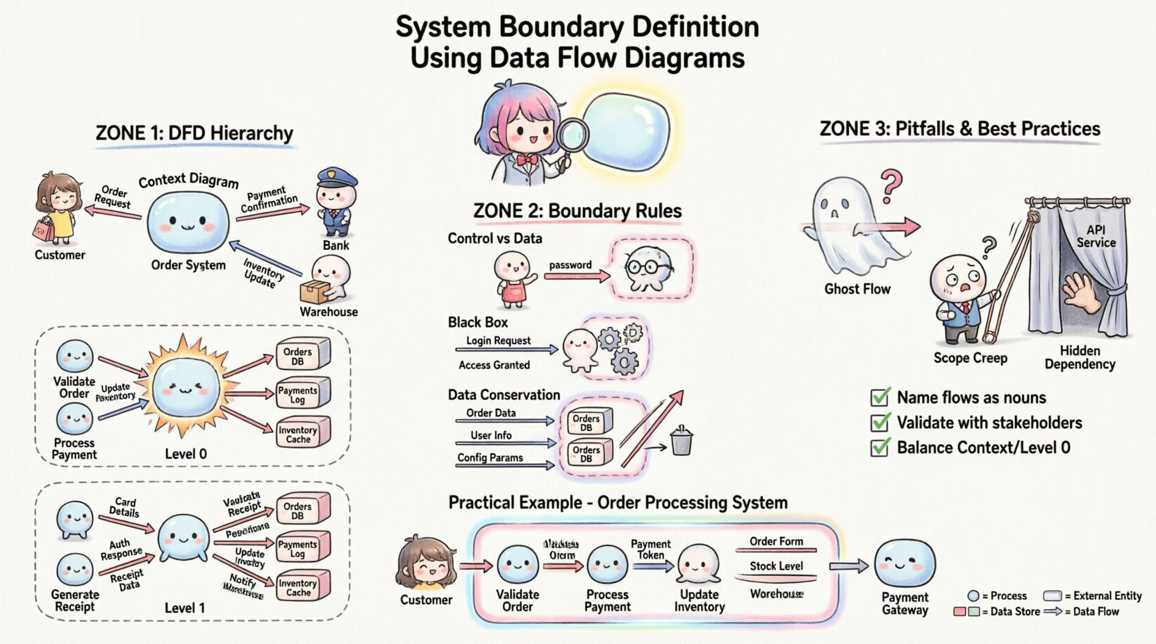 Chibi-style infographic illustrating system boundary definition using Data Flow Diagrams (DFDs), showing context diagram hierarchy, boundary rules (control vs data, black box principle, data conservation), common pitfalls, best practices checklist, and an order processing system example with external entities and internal processes clearly separated by a visual boundary line