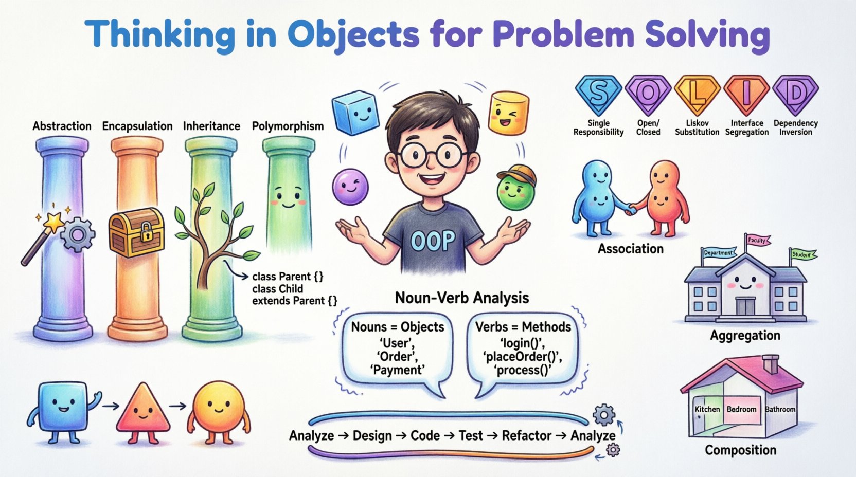 Cartoon infographic illustrating object-oriented problem solving concepts including the four pillars (abstraction, encapsulation, inheritance, polymorphism), noun-verb analysis for identifying classes, object relationships (association, aggregation, composition), and SOLID design principles for building modular, maintainable software architecture