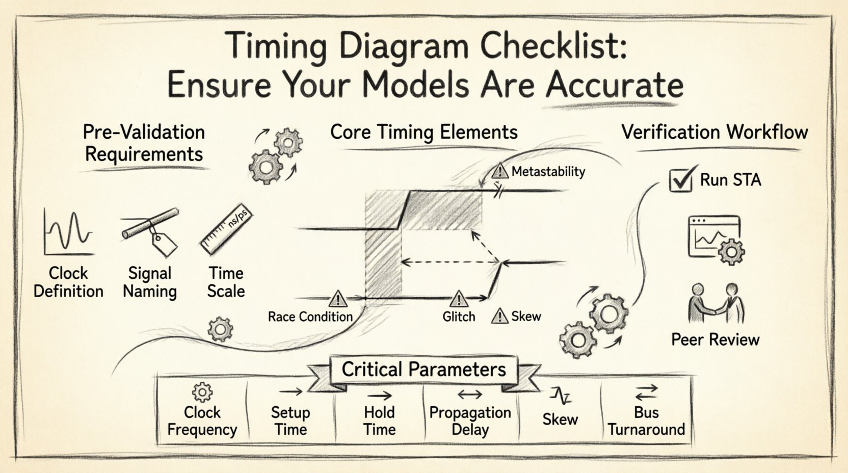 Charcoal contour sketch infographic illustrating a comprehensive timing diagram checklist for digital system design, featuring hand-drawn waveform illustrations with rising/falling edges, clock synchronization symbols, setup and hold time windows shaded around clock edges, signal integrity indicators for noise and jitter, propagation delay arrows, and a verification workflow from pre-validation through static timing analysis to peer review, all arranged in a professional 16:9 engineering layout with minimalist cross-hatching and technical sketch aesthetics