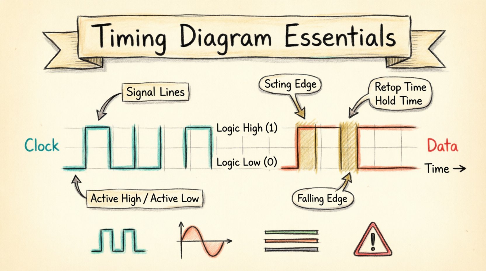 Hand-drawn infographic illustrating the essential components of a timing diagram: time axis with clock cycles, signal lines showing HIGH/LOW logic levels, rising and falling edge transitions, setup time and hold time constraints highlighted around clock edges, annotations for digital signals, active high/low indicators, and timing violation warnings. Educational visual guide for engineers working with hardware, firmware, and embedded systems design.