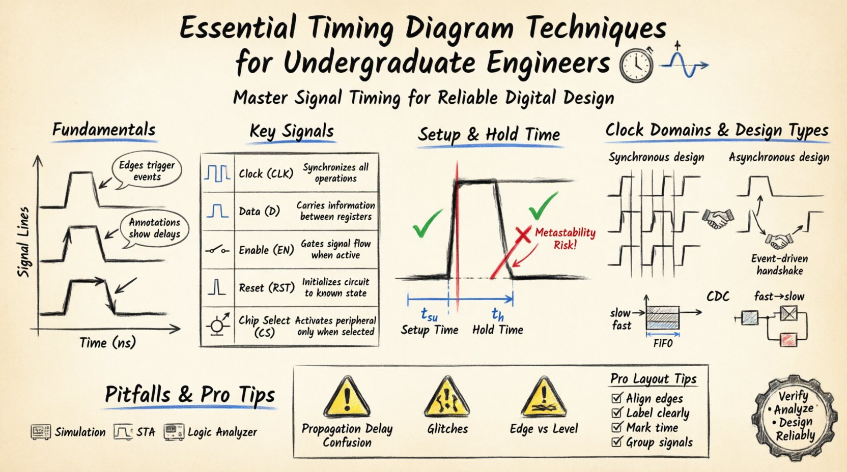 Hand-drawn infographic illustrating essential timing diagram techniques for undergraduate engineers, featuring fundamentals of signal timing with time axes and logic levels, key signals table (Clock, Data, Enable, Reset, Chip Select), visual setup and hold time analysis with clock edge references, clock domain crossing strategies, synchronous vs asynchronous design comparison, common pitfalls like propagation delay and active-low confusion, and professional diagram creation best practices, all rendered in sketch-style aesthetic with thick outline strokes on 16:9 layout