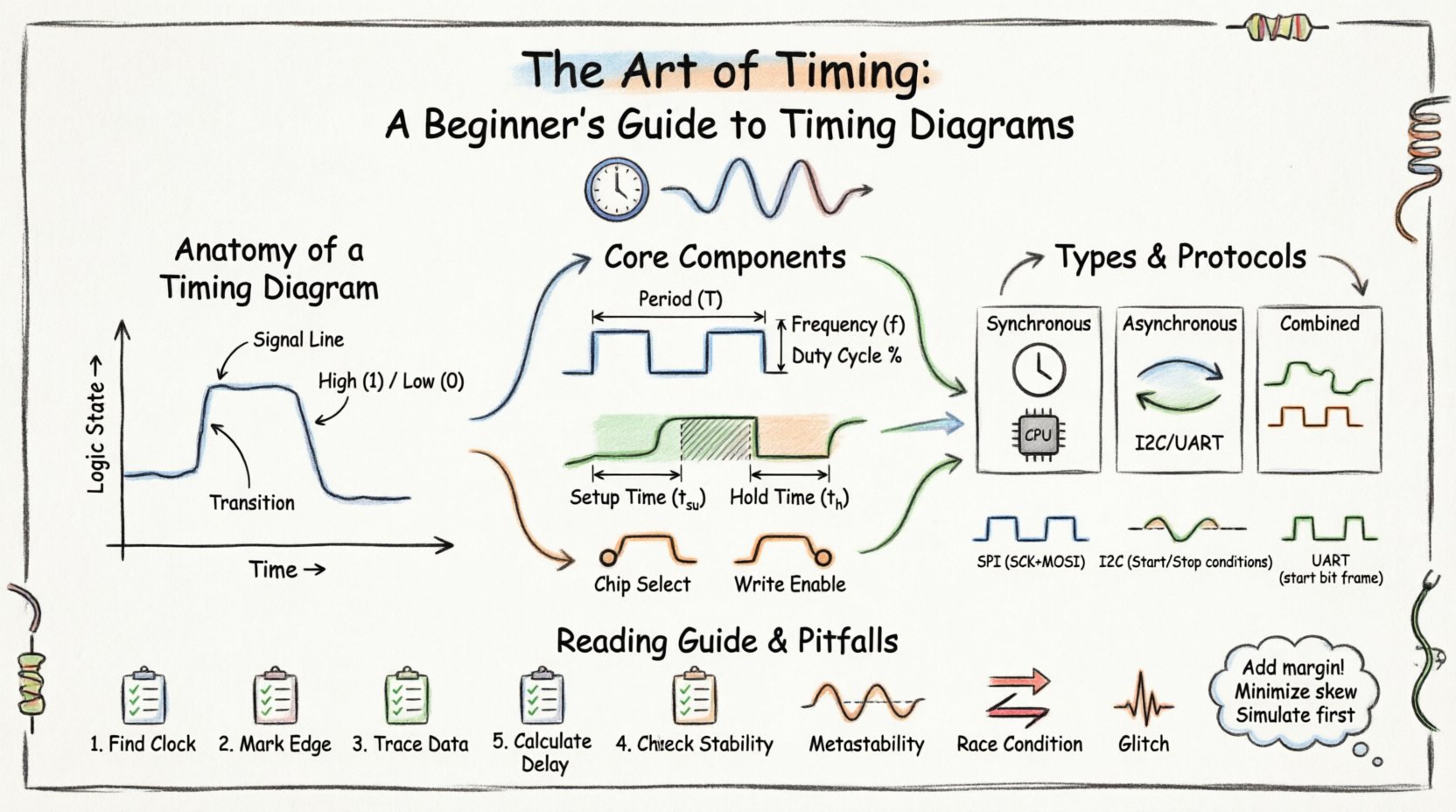 Hand-drawn infographic explaining timing diagrams for beginners in digital electronics, featuring clock signals with period and frequency labels, data signal setup and hold time windows, synchronous vs asynchronous system comparisons, SPI I2C UART protocol waveforms, step-by-step reading guide, and common timing violations like metastability and glitches, all illustrated with sketchy pencil lines and watercolor accents