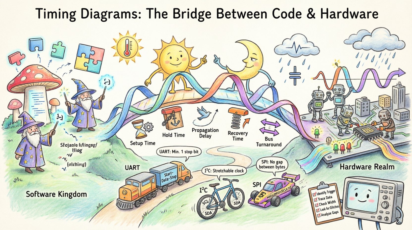 Whimsical infographic illustrating timing diagrams as a magical bridge connecting software code and hardware circuits, featuring playful wizard coders and robot engineers, colorful signal waveforms, clock cycle characters, and labeled timing parameters including setup time, hold time, and propagation delay for embedded systems engineering education