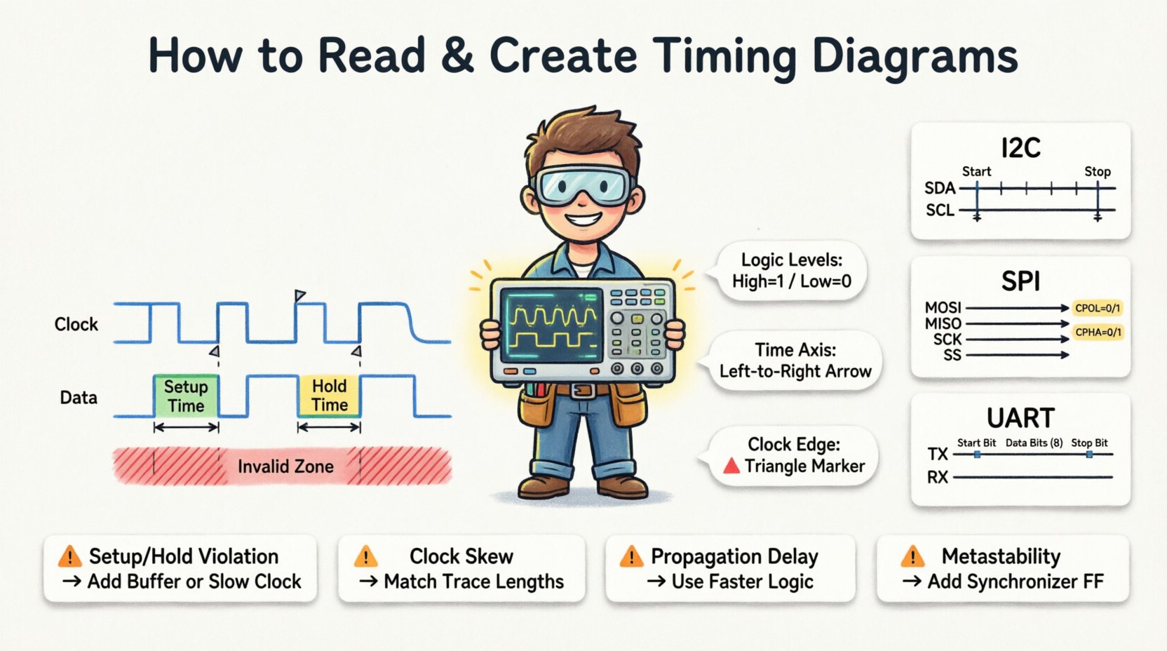 Cartoon infographic explaining how to read and create timing diagrams for embedded systems, featuring clock signals, data validity windows with setup and hold times, waveform transitions, and visual comparisons of I2C, SPI, and UART protocols with labeled components and common timing violation warnings