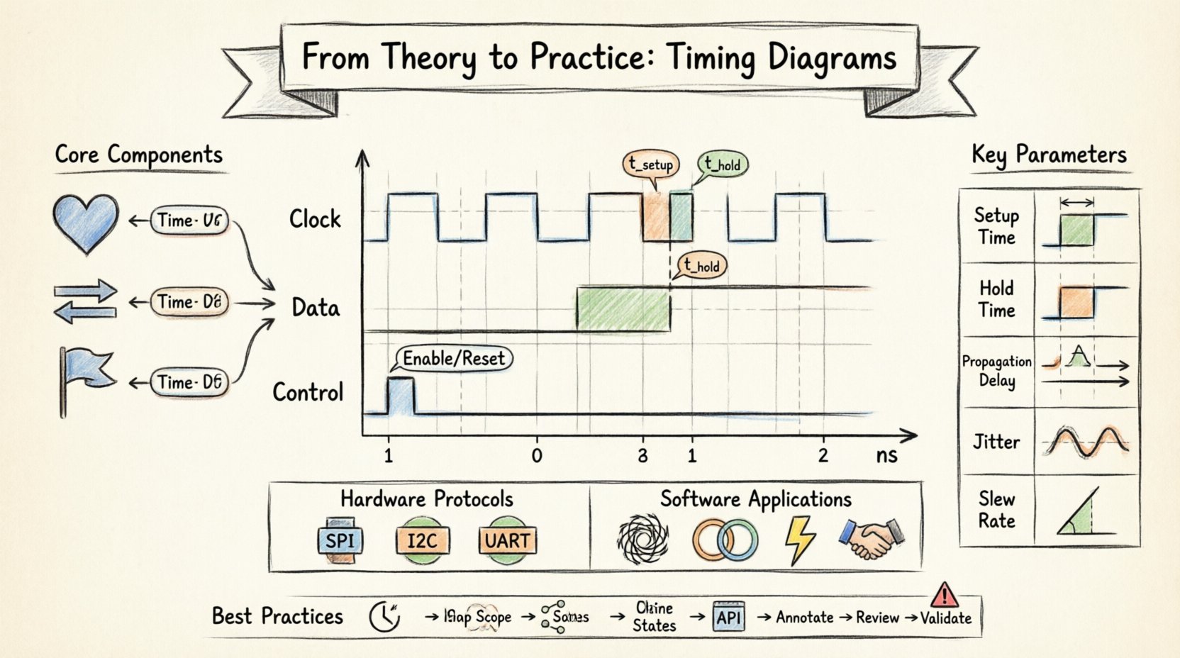 Hand-drawn infographic illustrating timing diagrams in engineering projects: visualizes core components (clock square waves, data stability zones, control pulses, t_setup/t_hold markers), key timing parameters (setup time, hold time, propagation delay, jitter, slew rate) with impact indicators, hardware protocols (SPI, I2C, UART badges), software applications (thread concurrency, interrupt handling, API handshakes), and a 5-step workflow for creating effective diagrams, all rendered in thick-outline sketch style with clear English labels on a 16:9 canvas for technical documentation and educational use