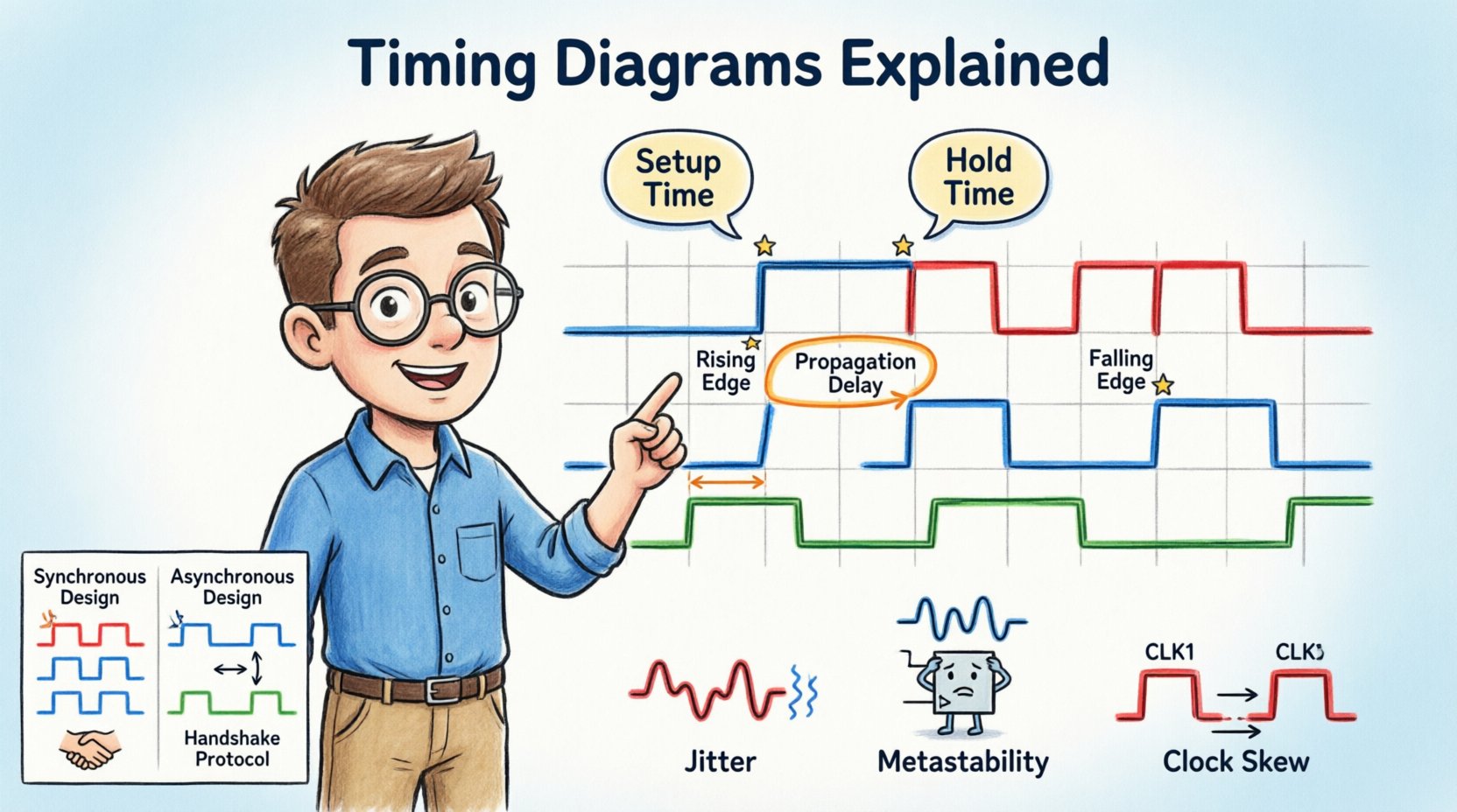 Cartoon infographic explaining timing diagrams in digital electronics: shows clock signal, data waveforms, setup time, hold time, propagation delay, rising and falling edges, synchronous vs asynchronous design comparison, with friendly engineer character and labeled visual annotations for engineers and students learning digital system design