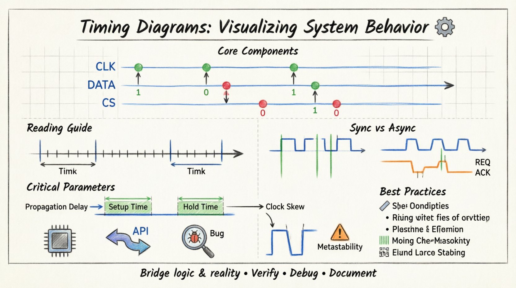 Sketch-style infographic illustrating timing diagrams for digital systems: shows core components including time axis, signal lines, logic levels, and transitions; compares synchronous vs asynchronous systems with clock pulses and handshaking protocols; highlights critical parameters like setup time, hold time, propagation delay, and clock skew; includes best practices for reading and creating timing diagrams, with hand-drawn annotations, icons, and visual cues for engineers and developers