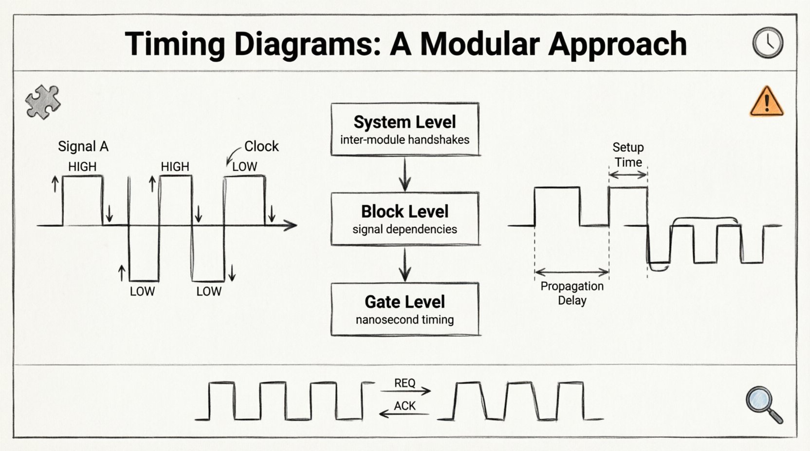 Line art infographic illustrating a modular approach to timing diagrams in digital hardware design, featuring signal waveforms with high/low states, time axis, setup and hold time constraints, three-level module hierarchy (system, block, gate), propagation delay visualization, and multi-clock domain synchronization techniques for engineers and hardware designers