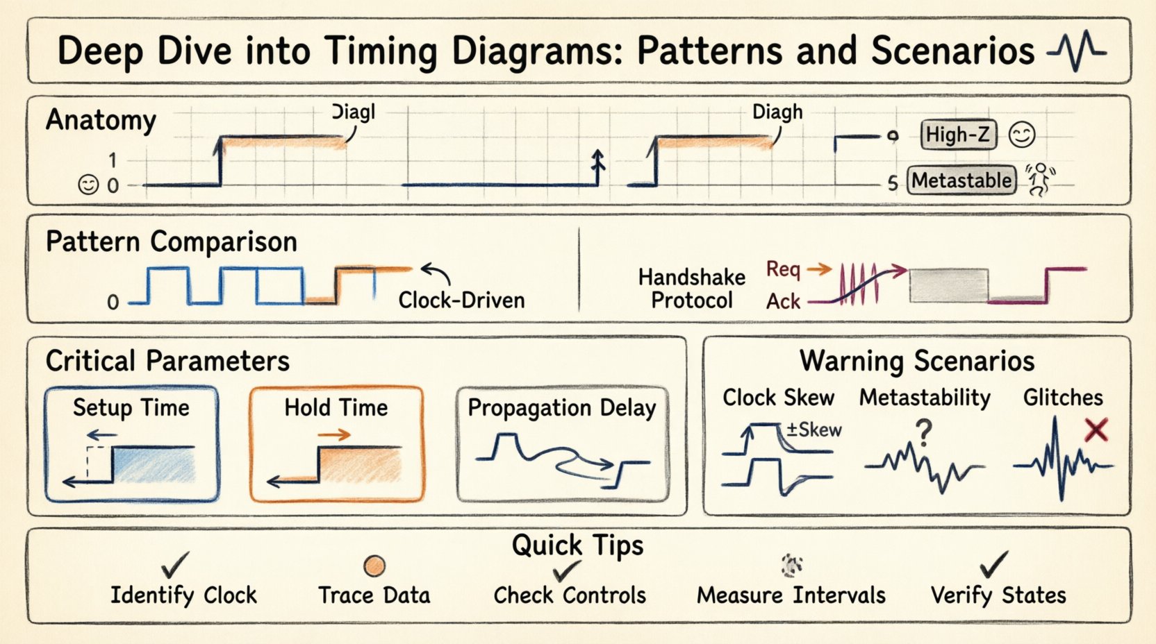 Hand-drawn educational infographic explaining timing diagrams in digital electronics: illustrates anatomy of waveforms, synchronous vs asynchronous data transfer patterns, critical timing parameters (setup time, hold time, propagation delay), and common issues like clock skew, metastability, and glitches, with thick sketchy outlines and clear visual labels for engineers and students