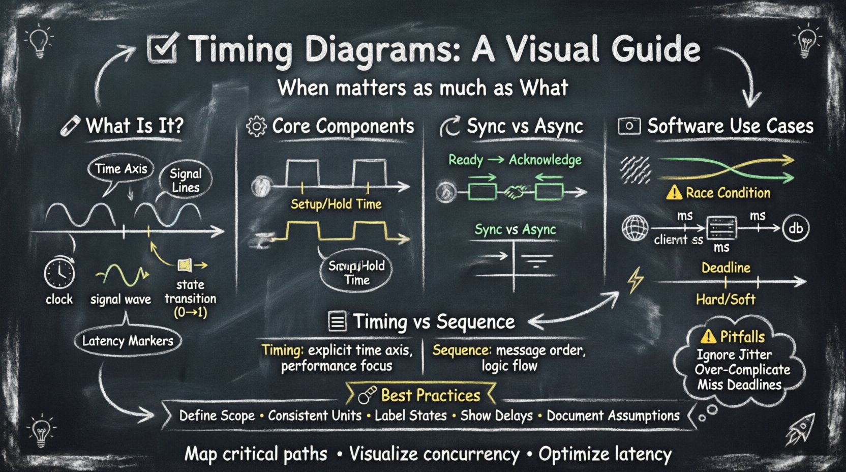 Chalkboard-style educational infographic explaining timing diagrams for software engineers: features hand-drawn timeline visuals showing signal states, synchronous vs asynchronous communication patterns, concurrency examples, API latency breakdowns, and best practices—all presented in a teacher's handwritten chalk aesthetic on a dark slate background with clear section headers, arrows, and annotated diagrams to help developers visualize system timing, debug race conditions, and optimize performance