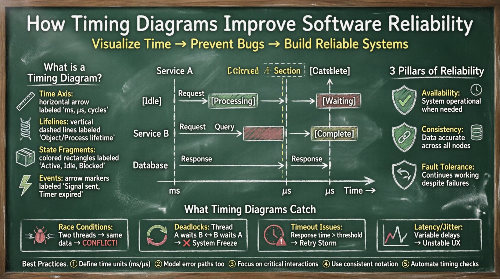 Chalkboard-style infographic illustrating how timing diagrams improve software reliability, featuring timing diagram components (time axis, lifelines, state fragments, events), three pillars of reliability (availability, consistency, fault tolerance), common issues detected (race conditions, deadlocks, timeouts, latency), and best practices for implementation