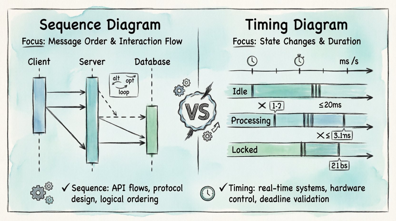 Hand-drawn infographic comparing UML Timing Diagrams and Sequence Diagrams: Sequence Diagram section shows vertical lifelines, message arrows, and activation bars for interaction flow; Timing Diagram section displays horizontal time axis, state regions, and constraints for real-time systems; includes key differences, use cases, and when to choose each diagram type for software architecture documentation