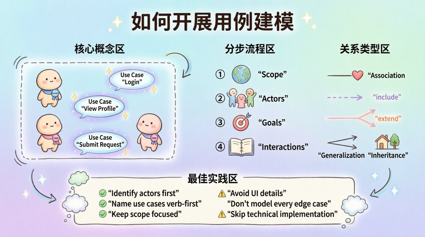 Chibi-style infographic illustrating the step-by-step approach to use case modeling in software development, featuring cute characters representing actors, use case diagrams, relationship types (include, extend, generalize), and best practices for OOAD requirements gathering