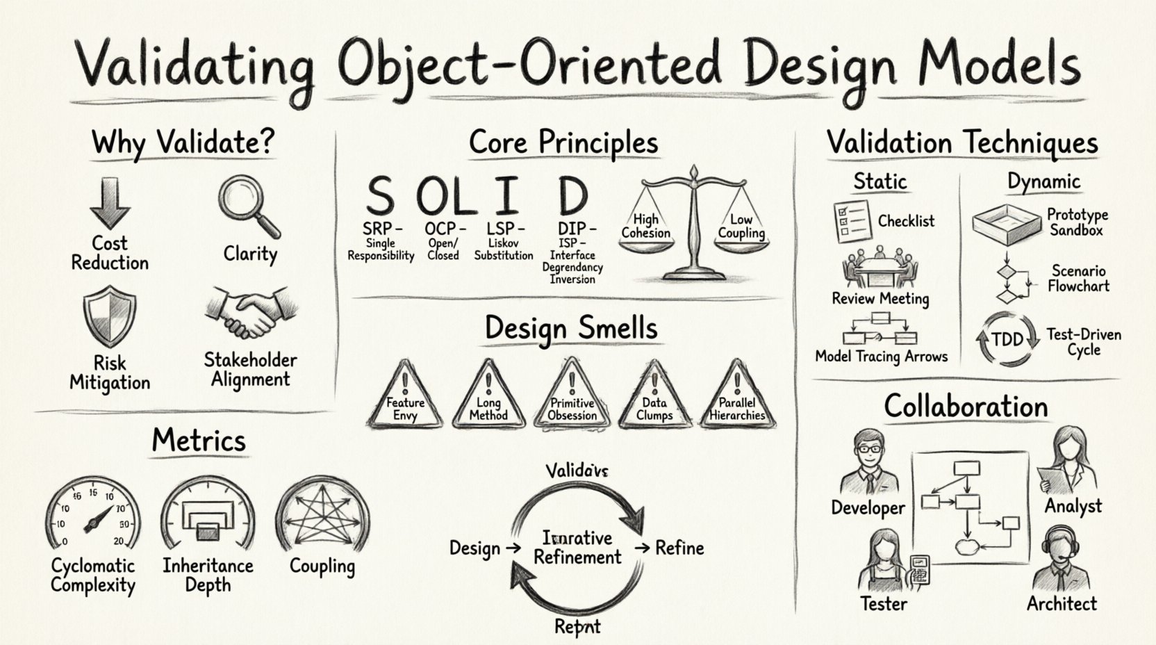 Charcoal sketch infographic summarizing key strategies for validating object-oriented design models including SOLID principles, cohesion/coupling balance, static and dynamic validation techniques, common design smells with fixes, quality metrics, and collaborative iterative refinement process for software architecture