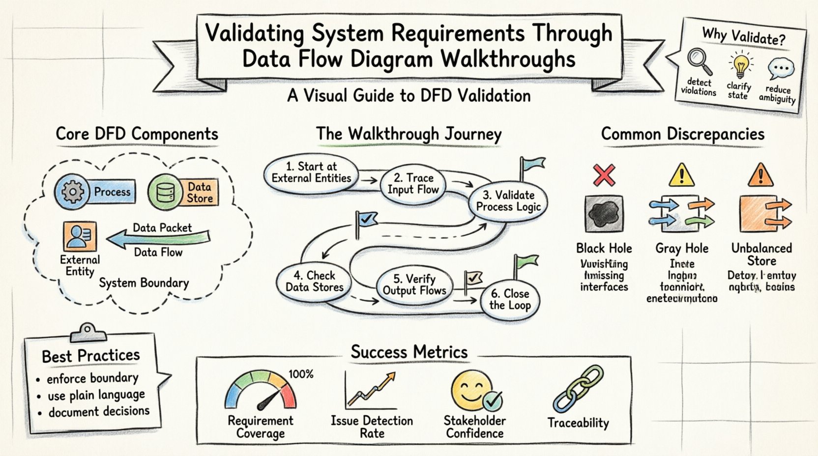Hand-drawn infographic illustrating how to validate system requirements using Data Flow Diagram walkthroughs, featuring core DFD components (processes, data stores, external entities, data flows), a 6-step walkthrough journey path, common discrepancy warnings (black hole, gray hole, unbalanced stores), success metrics gauges, and best practices checklist, all rendered in thick outline stroke style with soft watercolor fills on 16:9 horizontal layout