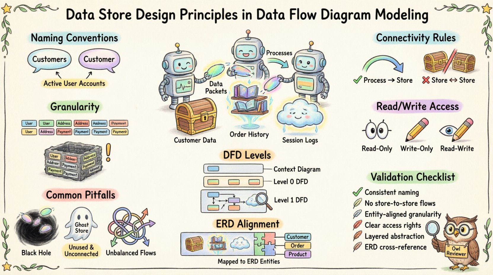 Whimsical infographic illustrating data store design principles for Data Flow Diagram modeling, featuring naming conventions, connectivity rules, granularity guidelines, read-write access patterns, DFD level decomposition, common pitfalls to avoid, and validation checklist with playful cartoon illustrations, treasure chest data stores, robot processes, and pastel watercolor style