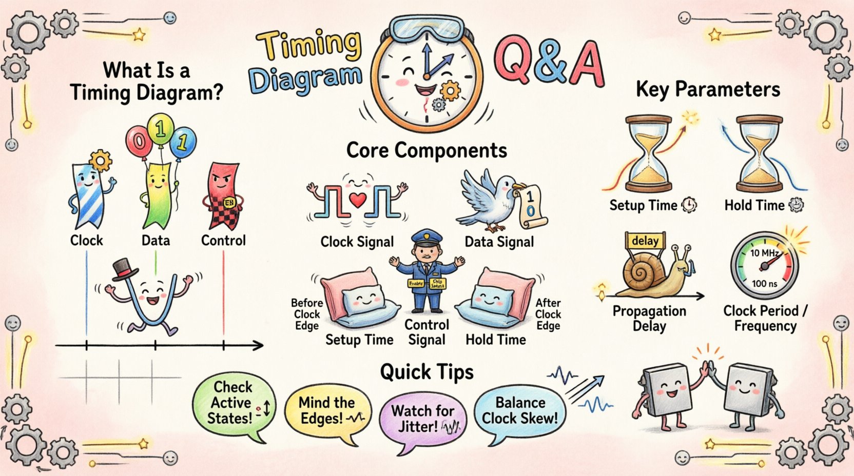 Whimsical educational infographic explaining timing diagrams in digital electronics: illustrates clock signals, data waves, setup/hold time windows, propagation delay, and key Q&A tips with playful cartoon characters, colorful waveform illustrations, and clear English labels for engineers and students learning signal synchronization and timing analysis