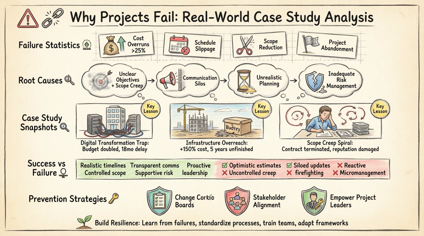 Hand-drawn infographic analyzing why projects fail: features failure statistics (cost overruns >25%, schedule slippage, scope reduction, abandonment), four root causes (unclear objectives/scope creep, communication silos, unrealistic planning, inadequate risk management), three real-world case studies (digital transformation trap, infrastructure overreach, scope creep spiral) with key lessons, success vs failure comparison table covering planning/communication/scope/risk/leadership/team factors, and five prevention strategies (change control boards, regular risk audits, stakeholder alignment workshops, empower project leaders), all illustrated with thick outline strokes in a sketchy hand-drawn aesthetic on 16:9 layout with parchment background and muted accent colors”/></figure>
</div>

<h2>The Statistics of Project Failure 📊</h2><p>Before diving into specific cases, it is essential to understand the landscape. Data consistently shows a significant portion of initiatives do not achieve their original goals. While definitions of “failure” vary, common metrics include:</p><ul><li><p><strong>Cost Overruns:</strong> Projects exceeding the allocated budget by more than 25%.</p></li><li><p><strong>Schedule Slippage:</strong> Deliverables arriving significantly past the agreed-upon deadline.</p></li><li><p><strong>Scope Reduction:</strong> Features or objectives being cut before final delivery.</p></li><li><p><strong>Abandonment:</strong> Projects halted entirely without completion.</p></li></ul><p>When we analyze these statistics, a clear picture emerges. Failure is rarely a singular event. It is usually the result of compounding errors, misaligned expectations, or a lack of governance. The following sections break down the primary drivers of these outcomes.</p><h2>Root Causes of Project Breakdowns 🕵️‍♂️</h2><p>Identifying the cause is the first step toward prevention. Most project failures stem from a combination of planning deficiencies and human factors. Below are the most frequent culprits.</p><h3>1. Unclear Objectives and Scope Creep 🧩</h3><p>Many projects begin with a vague vision. If the end goal is not defined with precision, the team lacks a North Star. As work progresses, stakeholders often request additional features or changes without understanding the impact on resources. This phenomenon, known as scope creep, dilutes focus and exhausts the budget.</p><ul><li><p><strong>Impact:</strong> Resources are spread too thin.</p></li><li><p><strong>Symptom:</strong> Meetings become endless discussions about “what ifs” rather than execution.</p></li><li><p><strong>Result:</strong> The core deliverable is never finished.</p></li></ul><h3>2. Communication Silos 📢</h3><p>Information flow is the lifeblood of any initiative. When departments operate in isolation, critical details get lost. A design team might build something the engineering team cannot implement, or a sales team might promise features that operations cannot support.</p><p>Breakdowns often happen because stakeholders are not informed about risks until it is too late. Transparency is often sacrificed for the sake of meeting short-term targets.</p><h3>3. Unrealistic Planning and Estimation ⏳</h3><p>Optimism bias is a common psychological trap. Teams tend to underestimate the time required for complex tasks while overestimating their own productivity. When initial plans ignore potential risks or dependencies, the schedule becomes fragile.</p><p>Once the first delay occurs, it creates a domino effect. Tasks that were scheduled for later get pushed, causing bottlenecks further down the line.</p><h3>4. Inadequate Risk Management 🛡️</h3><p>Projects operate in environments of uncertainty. If a team does not proactively identify potential risks (technical, financial, or personnel), they cannot prepare mitigation strategies. When an unexpected issue arises, the team reacts rather than responds, often making the situation worse.</p><h2>Case Study Analysis: Real-World Breakdowns 🏗️</h2><p>To illustrate these concepts, we examine three distinct scenarios. These cases represent anonymized examples drawn from various sectors to highlight universal principles.</p><h3>Case Study 1: The Digital Transformation Trap 💻</h3><p><strong>Context:</strong> A mid-sized logistics company attempted to replace its legacy tracking system with a new platform.</p><p><strong>The Goal:</strong> Automate inventory tracking and reduce manual data entry by 80% within six months.</p><p><strong>The Breakdown:</strong></p><ul><li><p><strong>Phase 1 (Initiation):</strong> Leadership approved the budget without consulting the floor staff who would use the system daily.</p></li><li><p><strong>Phase 2 (Planning):</strong> The timeline was set based on vendor promises rather than internal testing capabilities.</p></li><li><p><strong>Phase 3 (Execution):</strong> During integration, data migration failed repeatedly. The team spent months trying to fix data quality issues instead of building features.</p></li><li><p><strong>The Outcome:</strong> The project was delayed by 18 months. The budget doubled, and employee morale plummeted due to the new, flawed system.</p></li></ul><p><strong>Key Lesson:</strong> Technical capability does not equal operational readiness. User adoption must be part of the planning phase, not an afterthought.</p><h3>Case Study 2: The Infrastructure Overreach 🏗️</h3><p><strong>Context:</strong> A municipal government project to build a new public transit hub.</p><p><strong>The Goal:</strong> Construct a central station with integrated retail and parking facilities.</p><p><strong>The Breakdown:</strong></p><ul><li><p><strong>Scope Creep:</strong> During construction, local politicians added new requirements for aesthetics and additional amenities.</p></li><li><p><strong>Resource Strain:</strong> Material costs spiked unexpectedly. There was no contingency fund allocated for market volatility.</p></li><li><p><strong>Communication Gap:</strong> The construction manager knew about the delays but did not report them to the steering committee for fear of political backlash.</p></li><li><p><strong>The Outcome:</strong> The project remained unfinished for five years. The cost exceeded the initial estimate by 150%.</p></li></ul><p><strong>Key Lesson:</strong> Governance structures must protect the project from external scope changes without a formal change control process.</p><h3>Case Study 3: The Scope Creep Spiral 🌀</h3><p><strong>Context:</strong> A marketing agency developing a brand re-launch campaign.</p><p><strong>The Goal:</strong> Launch a new visual identity and website for a client within three months.</p><p><strong>The Breakdown:</strong></p><ul><li><p><strong>Lack of Prioritization:</strong> The client requested changes to the logo, color palette, and copy simultaneously.</p></li><li><p><strong>Team Fatigue:</strong> Designers were pulled into multiple revision loops, leading to burnout.</p></li><li><p><strong>Missed Deadlines:</strong> The website launch was pushed back three times.</p></li><li><p><strong>The Outcome:</strong> The client terminated the contract, citing poor delivery. The agency suffered reputational damage.</p></li></ul><p><strong>Key Lesson:</strong> “Yes” is the enemy of project success. Teams must have the authority to say no to changes that threaten the timeline.</p><h2>The Human Element: Leadership and Culture 👥</h2><p>Technology and processes are tools, but people drive the engine. A significant factor in project failure is the behavior of leadership and the culture of the organization.</p><h3>Micro-Management vs. Autonomy</h3><p>When leaders micromanage, they stifle innovation and slow down decision-making. Conversely, a complete lack of oversight can lead to drift. Successful projects require a balance where teams have autonomy to solve problems but are held accountable to clear milestones.</p><h3>Psychological Safety</h3><p>Teams need to feel safe admitting when they are behind schedule or when they made a mistake. If the culture punishes bad news, problems are hidden until they explode. A culture of transparency allows issues to be addressed early.</p><h2>Prevention Strategies and Mitigation 🛡️</h2><p>Knowing the causes allows for the creation of robust defense mechanisms. The following strategies can significantly reduce the risk of failure.</p><h3>1. Implement Change Control Boards</h3><p>Any request to change the scope, budget, or schedule should go through a formal review process. This ensures that stakeholders understand the trade-offs before agreeing to a change.</p><h3>2. Regular Risk Audits</h3><p>Risk management is not a one-time task. It should be a recurring agenda item in status meetings. Ask: “What could go wrong next week?” and “What do we need to mitigate it?”</p><h3>3. Stakeholder Alignment Workshops</h3><p>Before starting execution, bring all key parties together. Align on what “done” looks like. Document the requirements and get signatures. This creates a shared understanding and reduces ambiguity.</p><h3>4. Empower Project Leaders</h3><p>Assign authority to the project lead that matches their responsibility. They must have the power to reallocate resources and halt work if necessary to protect the project’s integrity.</p><h2>Comparative Analysis: Success vs. Failure Factors ⚖️</h2><p>To visualize the differences between projects that succeed and those that break down, consider the following comparison table.</p><table style=