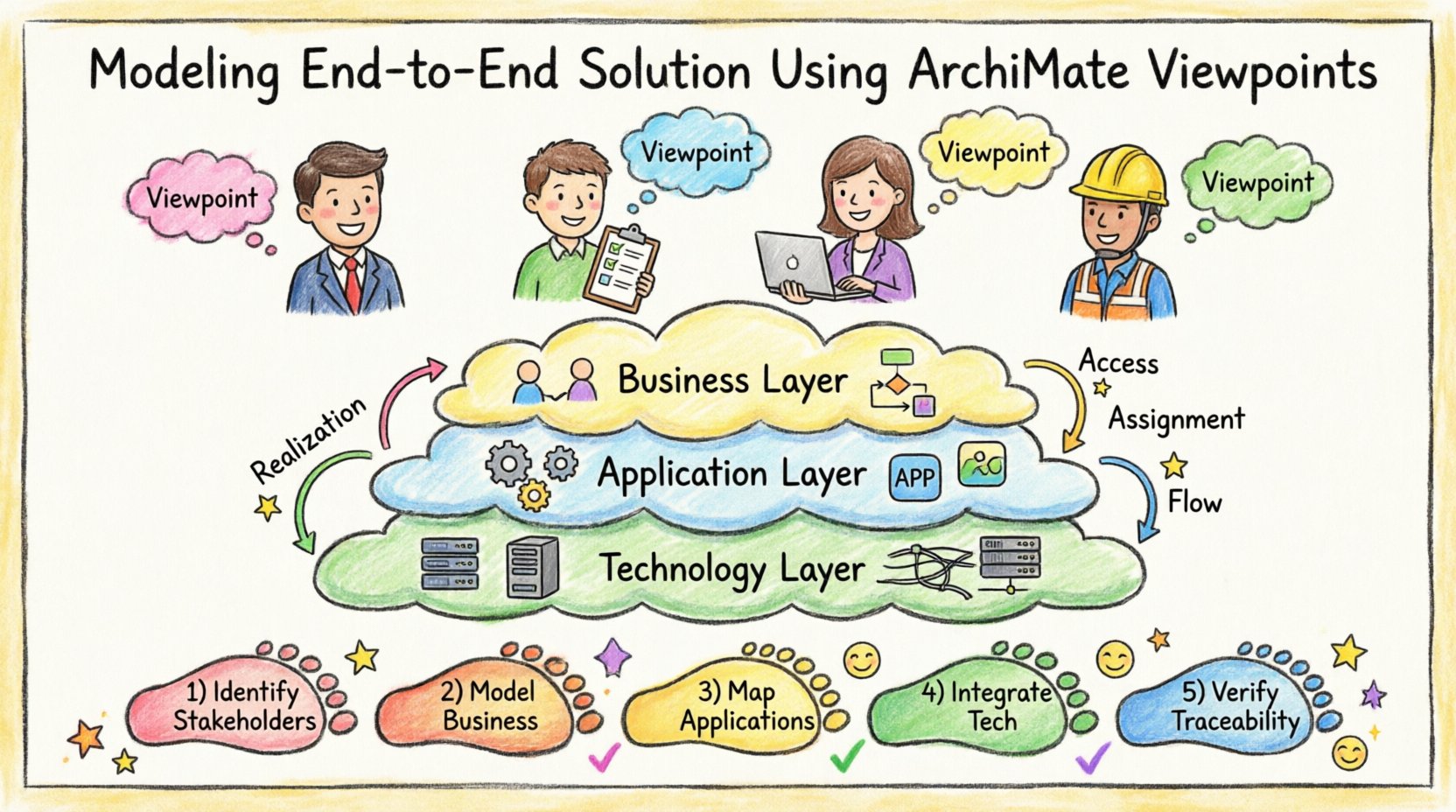 Child-style hand-drawn infographic illustrating ArchiMate end-to-end solution modeling with three layers (Business, Application, Technology), stakeholder viewpoints, cross-layer relationships like Realization and Flow, and a playful 5-step journey from stakeholder identification to traceability verification, rendered in bright crayon art with friendly cartoon characters and simple icons for enterprise architecture education