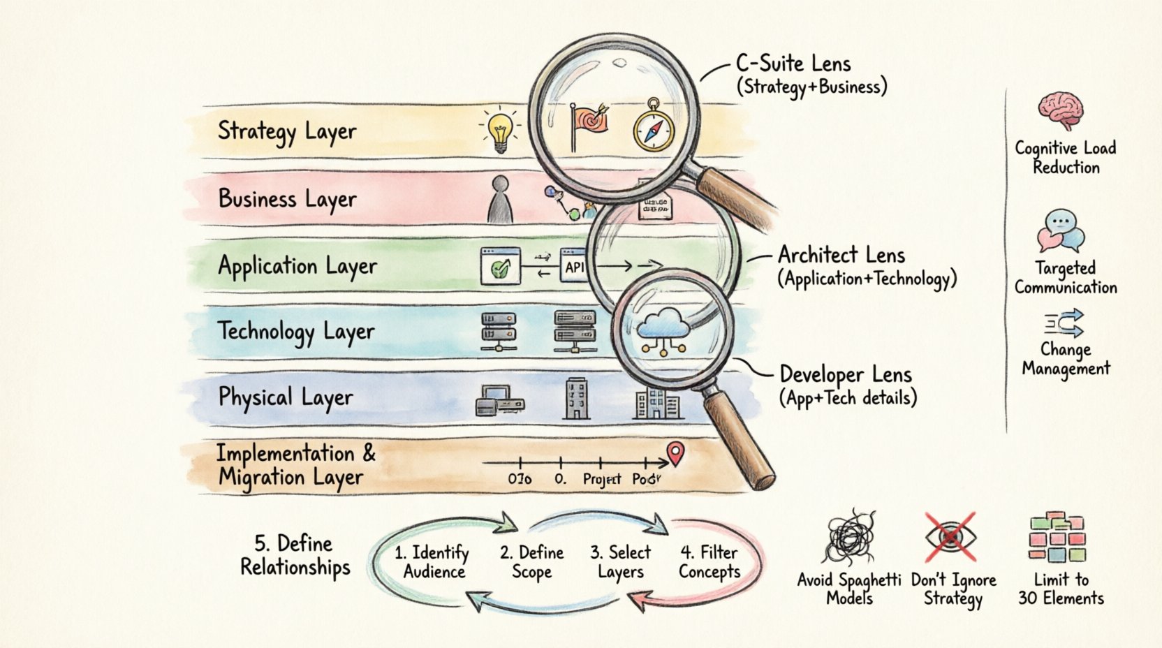 Hand-drawn infographic explaining ArchiMate enterprise architecture layering with six stacked layers (Strategy, Business, Application, Technology, Physical, Implementation & Migration) and viewpoint lenses for different stakeholders including executives, business analysts, and developers, illustrating benefits like cognitive load reduction, targeted communication, and change management with a 5-step viewpoint creation process