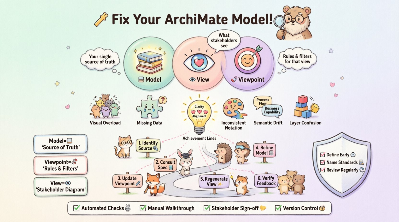 Kawaii-style infographic illustrating ArchiMate model troubleshooting guide: features cute mascots explaining the Model-View-Viewpoint relationship, 5 common mismatch symptoms (visual overload, missing data, inconsistent notation, semantic drift, layer confusion), 6-step diagnostic workflow, best practices shield for enterprise architecture consistency, and motivation layer alignment tips in soft pastel colors with playful icons