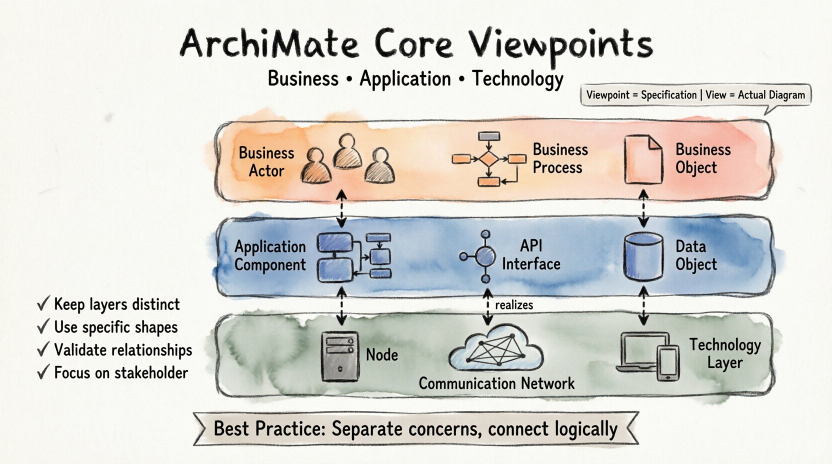 Marker-style infographic illustrating ArchiMate's three core viewpoints for enterprise architecture: Business Layer (orange) with actors, processes, and objects; Application Layer (blue) with components, interfaces, and data objects; Technology Layer (green-gray) with nodes, networks, and devices. Dotted realization arrows show cross-layer dependencies. Includes best practice checklist: keep layers distinct, use specific shapes, validate relationships, focus on stakeholder concerns. Title: ArchiMate Core Viewpoints - Business, Application, Technology.