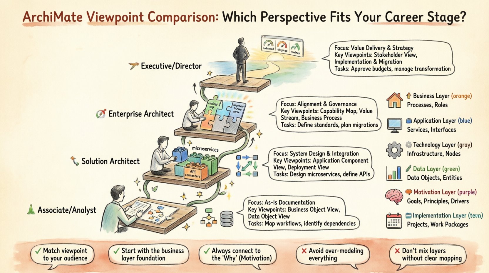 Hand-drawn infographic comparing ArchiMate viewpoints across four enterprise architecture career stages: Associate Analyst focusing on Business Object and Data views for documentation; Solution Architect using Application Component and Deployment views for system design; Enterprise Architect leveraging Capability Maps and Motivation layers for strategic alignment; and Executives utilizing Stakeholder and Implementation views for value delivery and transformation oversight, with color-coded ArchiMate layers legend and pro tips for viewpoint selection.