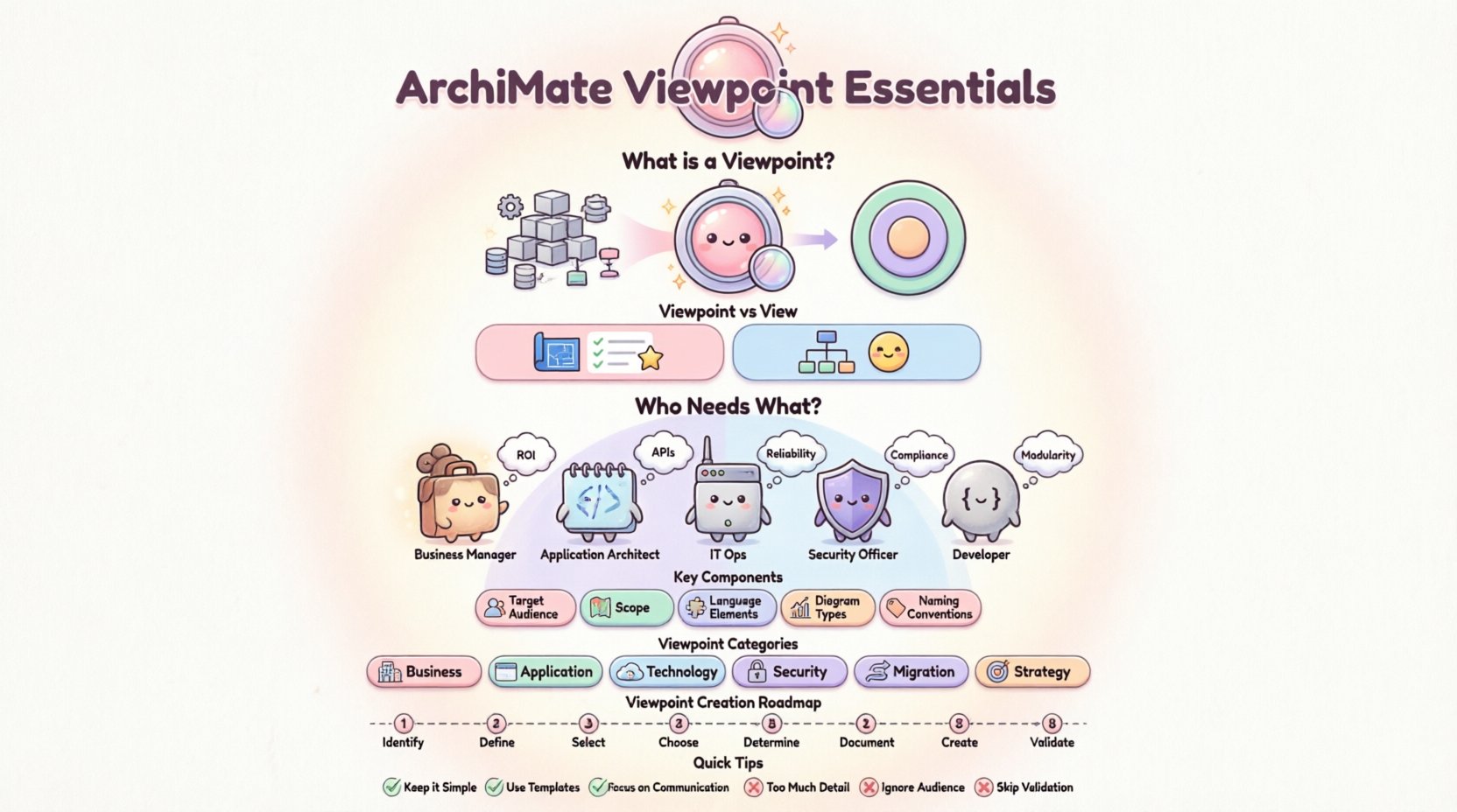 Kawaii-style infographic explaining ArchiMate Viewpoint essentials for beginners: features pastel colors, cute vector icons showing viewpoint definition process, stakeholder concerns mapping, key components (target audience, scope, language elements), six viewpoint categories (Business, Application, Technology, Security, Migration, Strategy), and best practices tips in a clean 16:9 layout