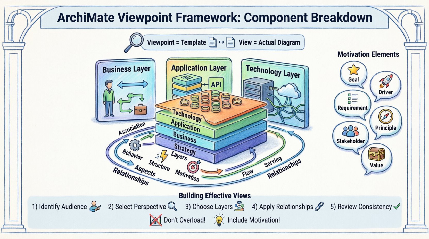 Cartoon infographic explaining the ArchiMate Viewpoint Framework for enterprise architecture, featuring the three core dimensions (Layers: Business/Application/Technology/Strategy; Aspects: Behavior/Structure/Dynamic/Motivation; Relationships: Association/Flow/Dependency/Serving), View vs Viewpoint comparison, key elements per layer with icons, motivation components (Goal, Driver, Requirement, Principle, Stakeholder, Value), and best practices for constructing effective architecture views with visual checklist and common pitfalls to avoid