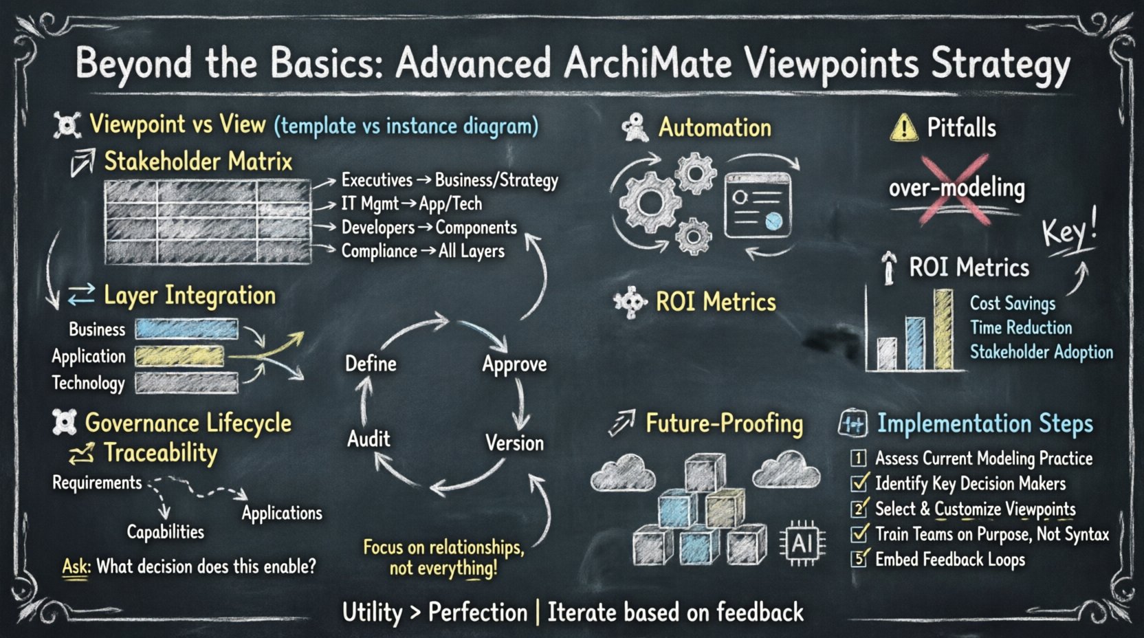 Chalkboard-style infographic illustrating 10 advanced ArchiMate Viewpoint strategies: viewpoint vs view distinction, stakeholder mapping matrix, layer integration rules, governance lifecycle, traceability links, automation tactics, common pitfalls, ROI metrics, future-proofing principles, and implementation steps – designed for enterprise architecture professionals seeking strategic alignment and decision-making clarity