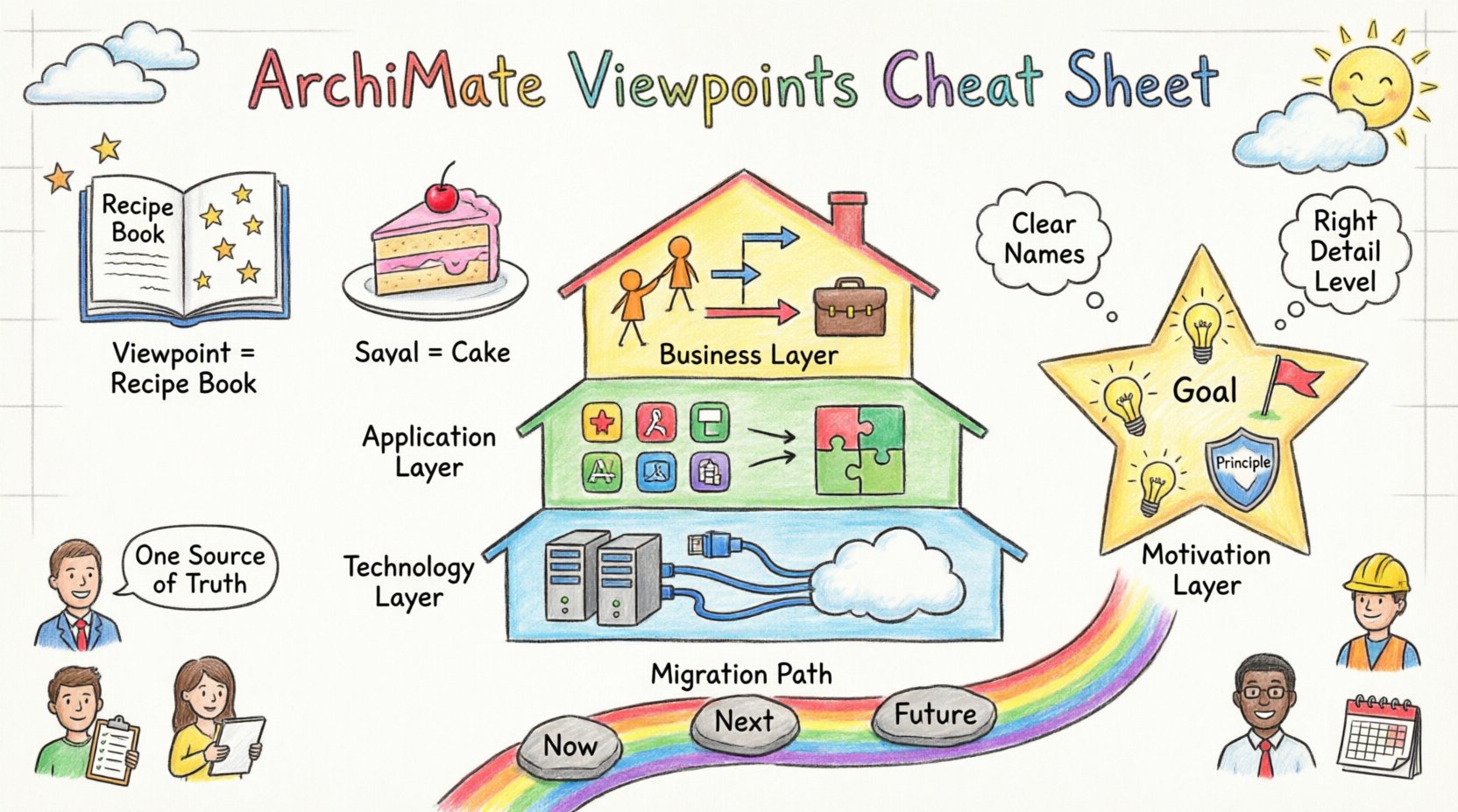 Child's drawing style infographic explaining ArchiMate Viewpoints cheat sheet for enterprise architecture, featuring Business Application and Technology layers, Motivation and Migration viewpoints, stakeholder selection matrix, and best practices visualized with colorful crayon illustrations, simple icons, and playful handwritten labels for easy understanding of architecture modeling concepts