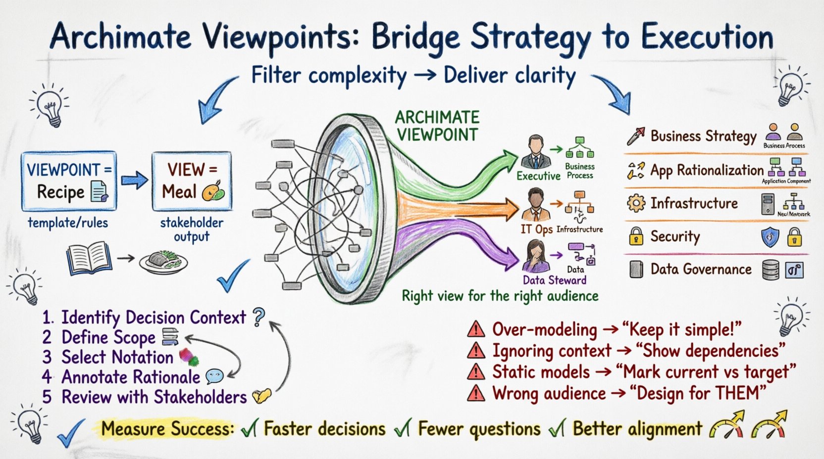 Hand-drawn whiteboard infographic explaining ArchiMate viewpoints for communicating enterprise architecture decisions: illustrates viewpoint vs view distinction with recipe/meal analogy, stakeholder-specific filtered views, decision-type matrix (strategy, applications, infrastructure, data, security), 5-step viewpoint creation process, and common pitfalls to avoidβall color-coded with marker-style visuals for clarity
