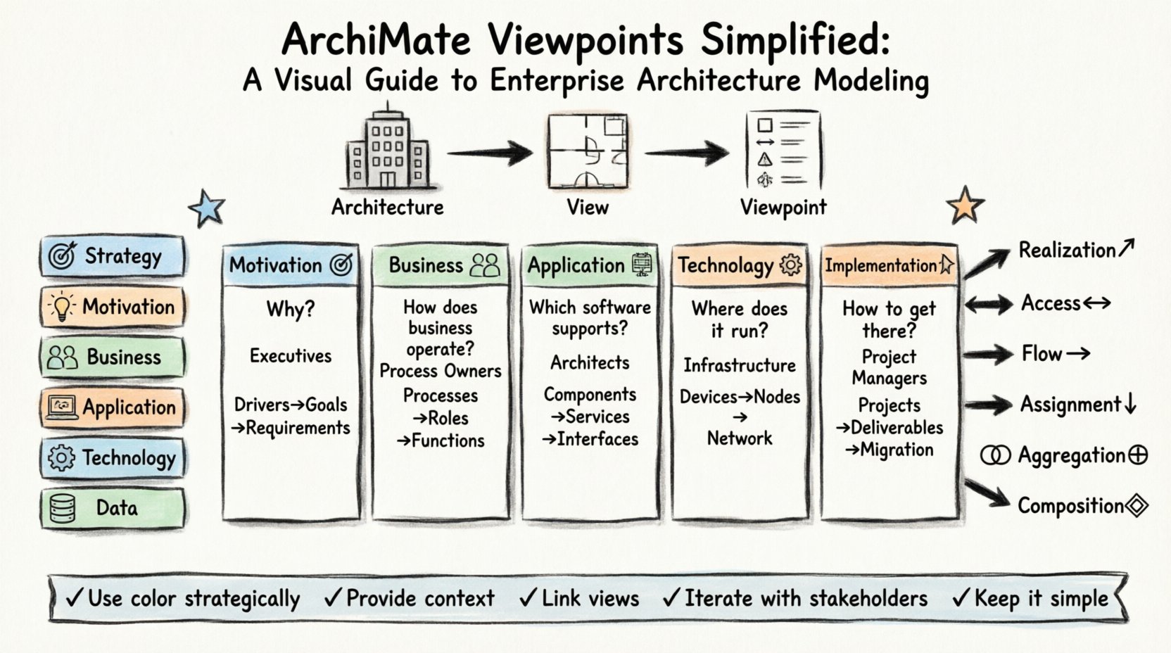 Hand-drawn infographic explaining ArchiMate Viewpoints for Enterprise Architecture Modeling, showing core concepts (Architecture/View/Viewpoint analogy), six ArchiMate layers pyramid (Strategy, Motivation, Business, Application, Technology, Data), five standard viewpoints (Motivation, Business, Application, Technology, Implementation & Migration) with target audiences and key questions, layer relationships, and best practices checklist - visual guide with thick outline strokes and soft color accents