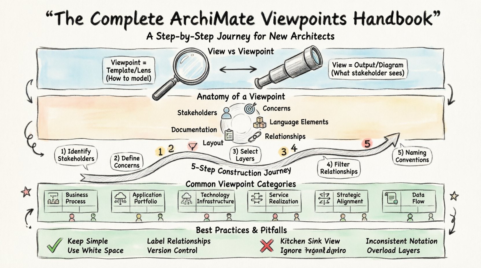 Hand-drawn infographic guide to ArchiMate Viewpoints for enterprise architects, illustrating the difference between views and viewpoints, the 6-element anatomy of a viewpoint (stakeholders, concerns, language elements, relationships, layout, documentation), a 5-step construction process, common viewpoint categories including Business Process and Application Portfolio views, plus best practices like keeping diagrams simple and pitfalls to avoid such as the kitchen-sink approach, all presented in a sketched, doodle-style visual format with pastel colors and ink outlines for intuitive learning