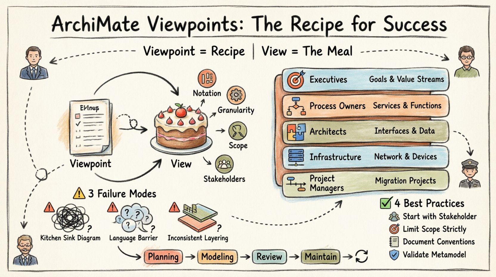 Hand-drawn infographic explaining ArchiMate viewpoint best practices for enterprise architecture. Illustrates the Viewpoint vs View distinction (recipe vs meal), five viewpoint categories mapped to stakeholders (Strategy→Executives, Business→Process Owners, Application→Architects, Technology→Infrastructure, Implementation→Project Managers), three common failure modes (kitchen sink diagrams, language barriers, inconsistent layering), and four best practices (start with stakeholder, limit scope, document conventions, validate metamodel). Features visual workflow from planning to maintenance and traceability chain connecting business goals to technology components. Hand-drawn aesthetic with thick outline strokes, 16:9 aspect ratio.