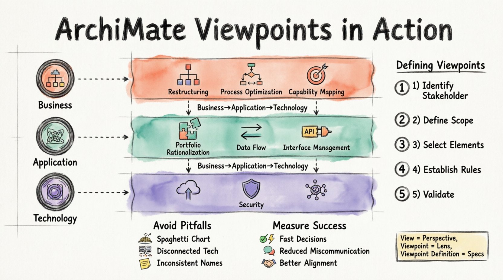 ArchiMate Viewpoints in Action infographic in hand-drawn marker illustration style showing the three enterprise architecture layers: Business Layer (organizational restructuring, process optimization, capability mapping), Application Layer (portfolio rationalization, data flow analysis, interface management), and Technology Layer (cloud migration, infrastructure security, network topology). Features camera lens metaphor for viewpoint selection, viewpoint definition workflow (identify stakeholder, define scope, select elements, establish rules, validate), cross-layer connectivity arrows, common pitfalls to avoid, and success metrics. Designed for enterprise architects, business leaders, and IT stakeholders to visualize how ArchiMate viewpoints clarify complex organizational structures and align technology with business outcomes.