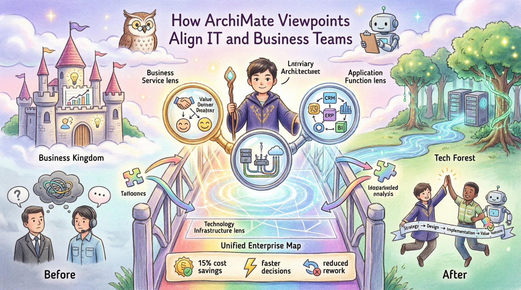 Whimsical infographic showing how a beginner architect used ArchiMate Viewpoints to align IT and Business teams at Nexus Dynamics, featuring three magical lenses (Business Service, Application Function, Technology Infrastructure) that transform communication gaps into shared understanding, reducing rework, saving 15% costs, and enabling faster decisions through visual enterprise architecture modeling