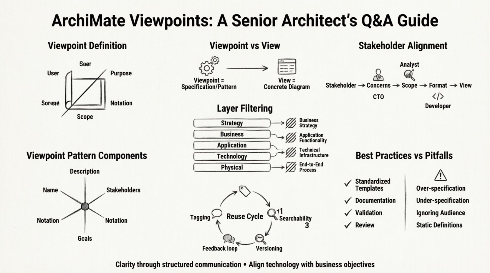 Line art infographic: ArchiMate Viewpoints Q&A guide for enterprise architects. Visual breakdown of viewpoint definition (template specifying user, purpose, scope, notation), viewpoint vs view comparison (specification vs concrete diagram), stakeholder alignment workflow, ArchiMate layer filtering by audience focus, 7-component viewpoint pattern wheel, consistency management strategies, common pitfalls to avoid, and viewpoint reuse best practices. Clean minimalist black-and-white technical illustration in 16:9 format for clarity in enterprise architecture communication.