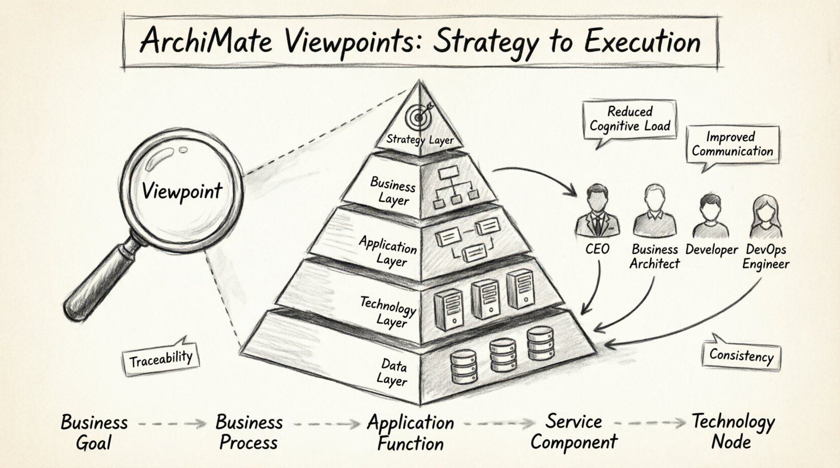 Charcoal contour sketch infographic of ArchiMate Viewpoints framework showing five architecture layers (Strategy, Business, Application, Technology, Data), viewpoint lens metaphor filtering information for different stakeholders (CEO, Architect, Developer, DevOps), and traceability chain connecting business goals to technology nodes, with key benefits: reduced cognitive load, improved communication, traceability, and consistency