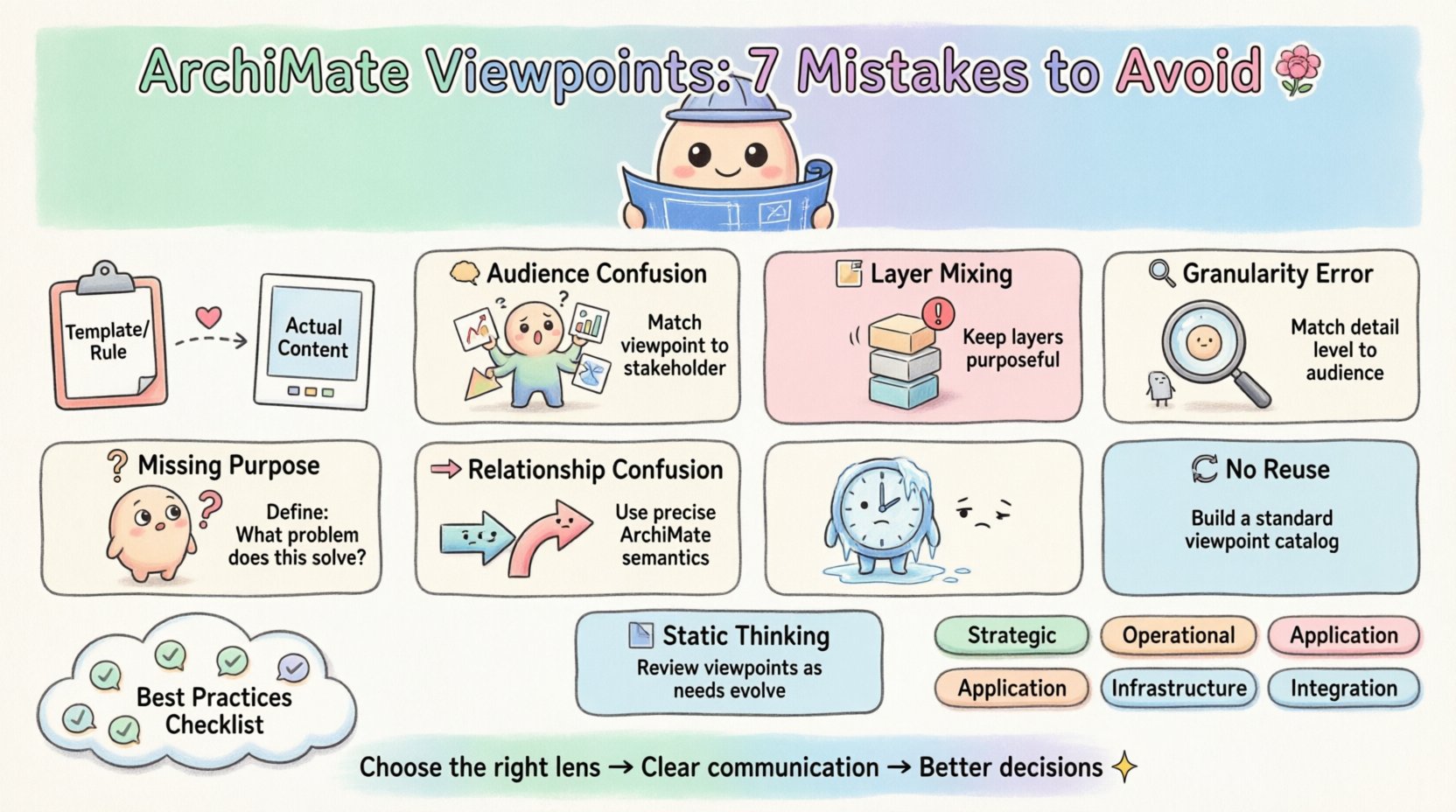 Cute kawaii vector infographic in pastel colors illustrating 7 common mistakes junior architects make when selecting ArchiMate viewpoints: confusing audience with content, ignoring ArchiMate layers, overlooking purpose, mismanaging granularity, neglecting relationship semantics, lacking reusability, and using static viewpoints for dynamic contexts. Features view vs viewpoint explanation, best practices checklist, and viewpoint catalog categories for enterprise architecture communication.