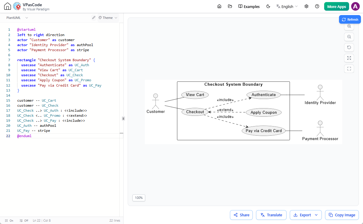A free diagram as code tool: VPasCode - Editing a PlantUML UML use case diagram in text to diagram editor.