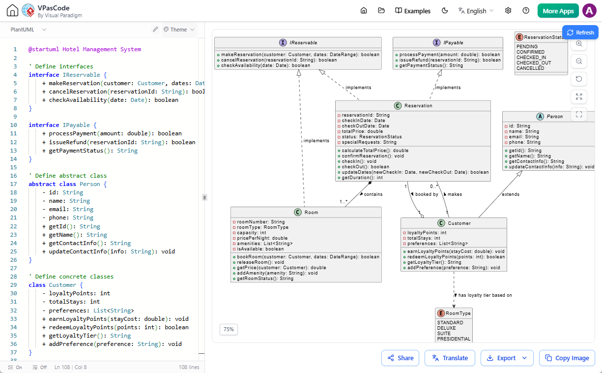 A free diagram as code tool: VPasCode - Editing a PlantUML UML class diagram code in text to diagram editor.