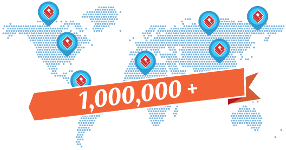 Orange banner displays 1,000,000 plus over dotted blue world map with location markers.