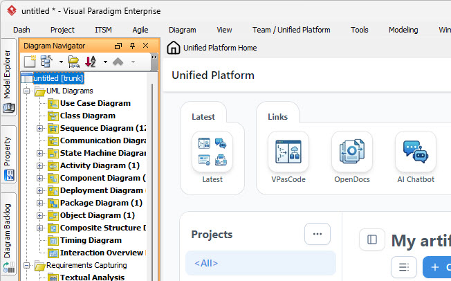 Visual Paradigm Enterprise Unified Platform Dashboard and Diagram Navigator